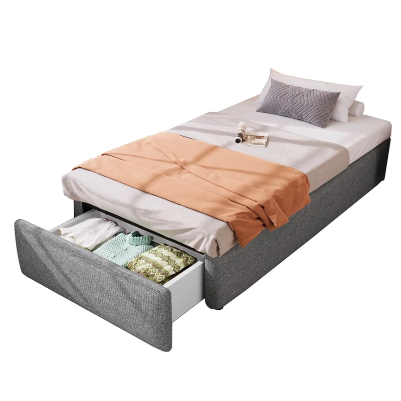 Letto imbottito 90x200 cm con contenitore idraulico e cassetto; grigio