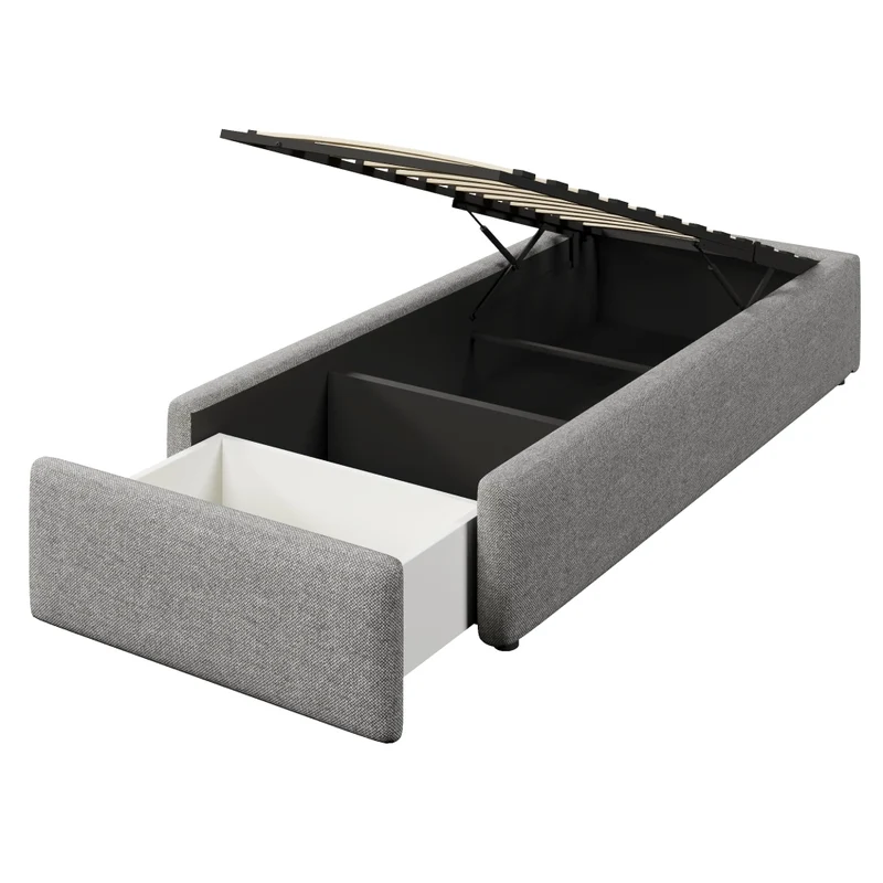 Letto imbottito 90x200 cm con contenitore idraulico e cassetto; grigio