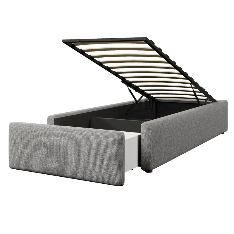 Letto imbottito 90x200 cm con contenitore idraulico e cassetto; grigio
