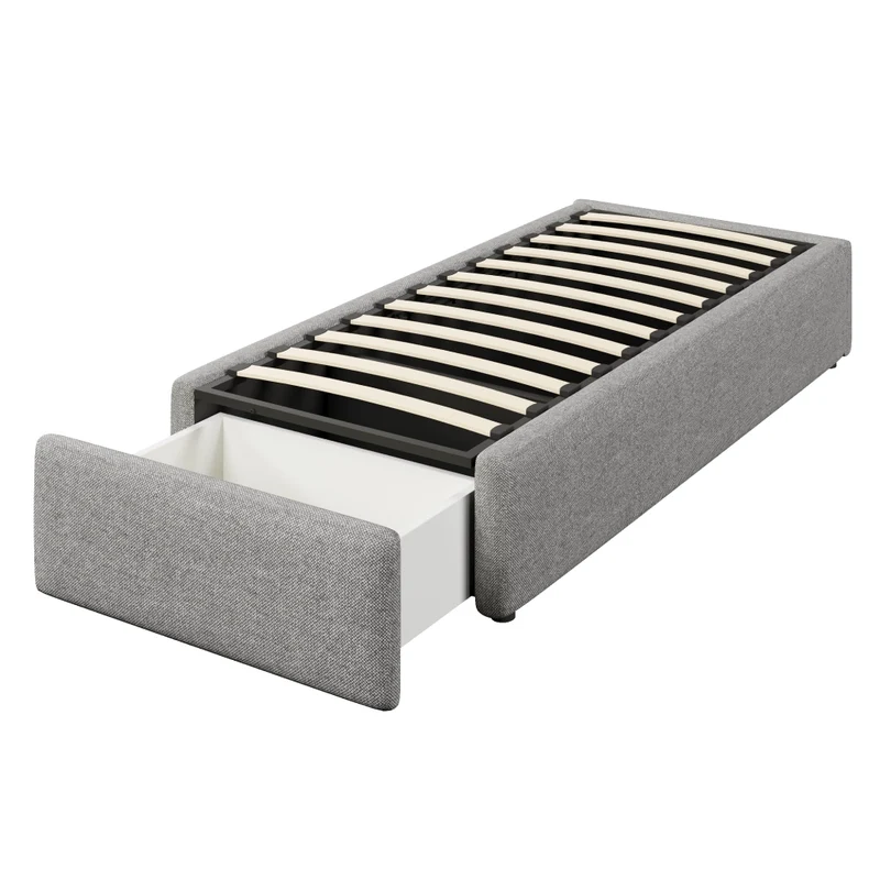 Letto imbottito 90x200 cm con contenitore idraulico e cassetto; grigio