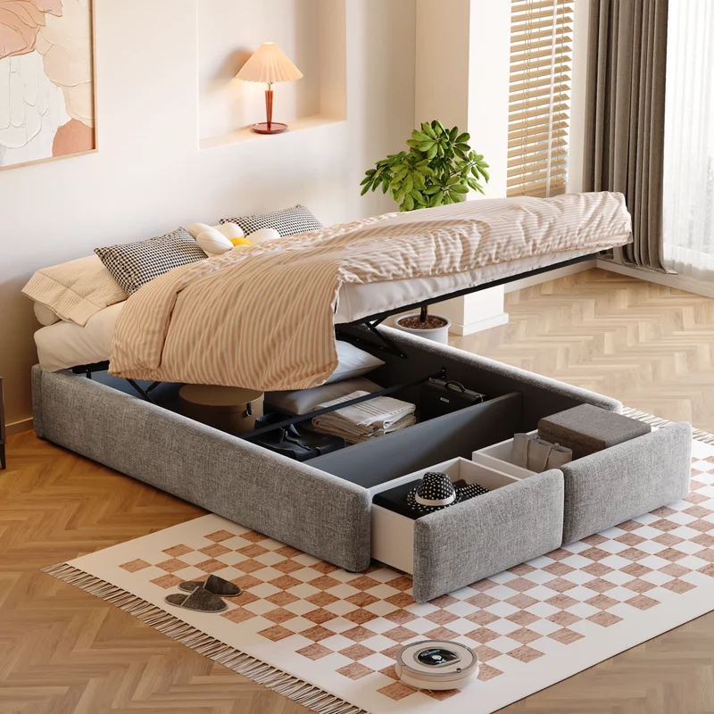 Letto imbottito grigio 140x200 cm con contenitore idraulico e due cassetti