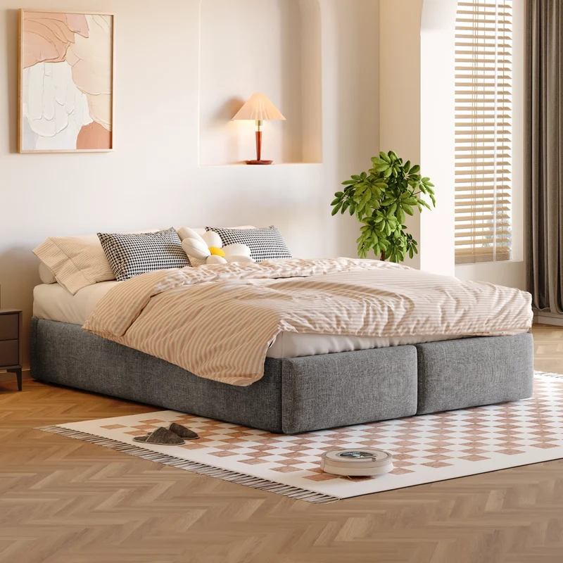 Letto imbottito grigio 140x200 cm con contenitore idraulico e due cassetti