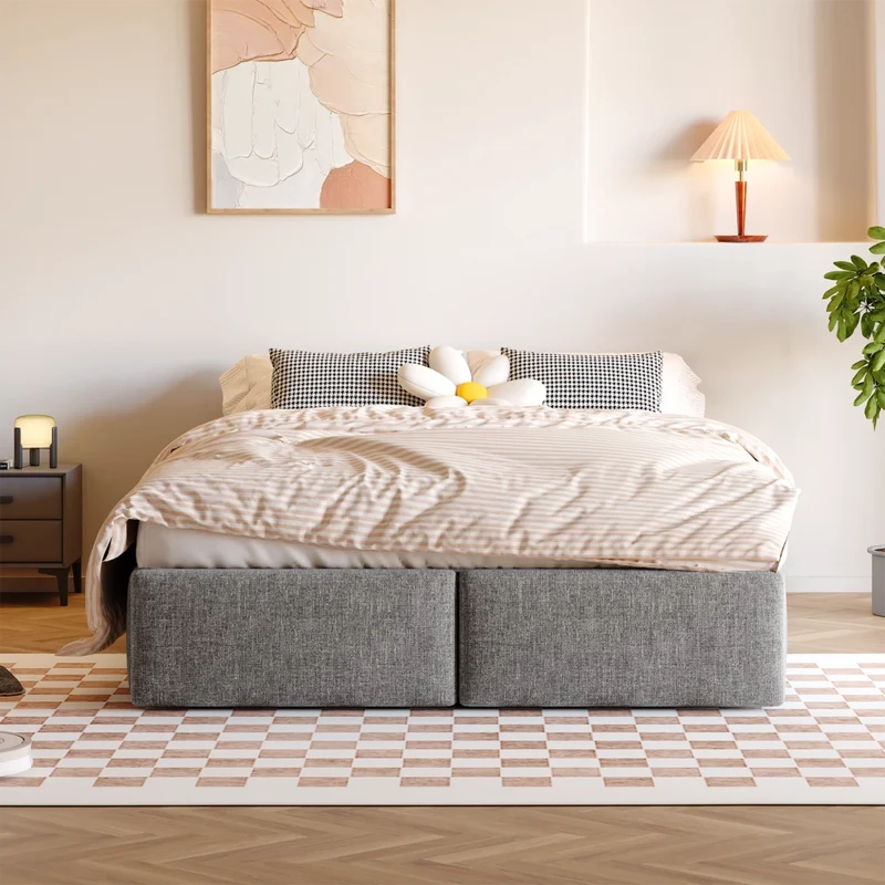 Letto imbottito grigio 140x200 cm con contenitore idraulico e due cassetti