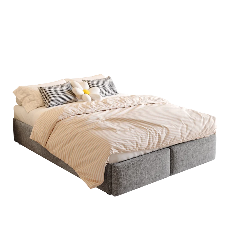 Letto imbottito grigio 140x200 cm con contenitore idraulico e due cassetti