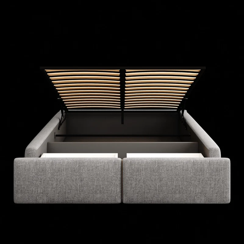 Letto imbottito grigio 140x200 cm con contenitore idraulico e due cassetti