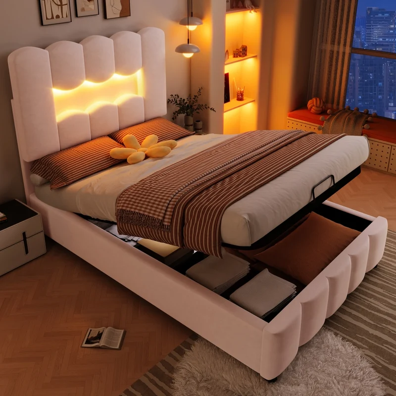 Letto imbottito 90x200 cm in velluto rosa con contenitore idraulico; luci LED e testiera regolabile