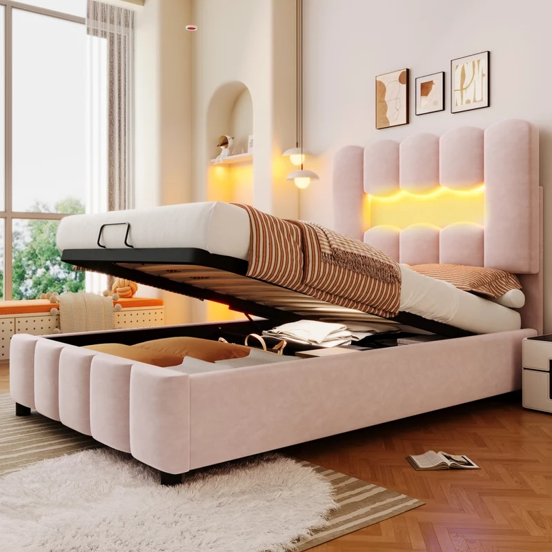 Letto imbottito 90x200 cm in velluto rosa con contenitore idraulico; luci LED e testiera regolabile