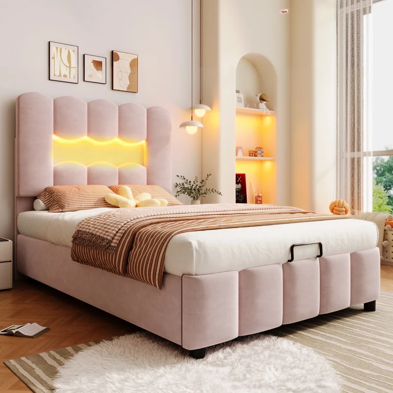 Letto imbottito 90x200 cm in velluto rosa con contenitore idraulico; luci LED e testiera regolabile