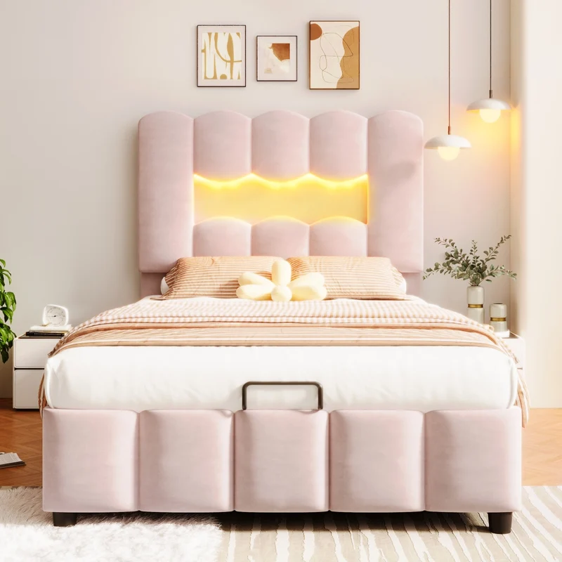 Letto imbottito 90x200 cm in velluto rosa con contenitore idraulico; luci LED e testiera regolabile