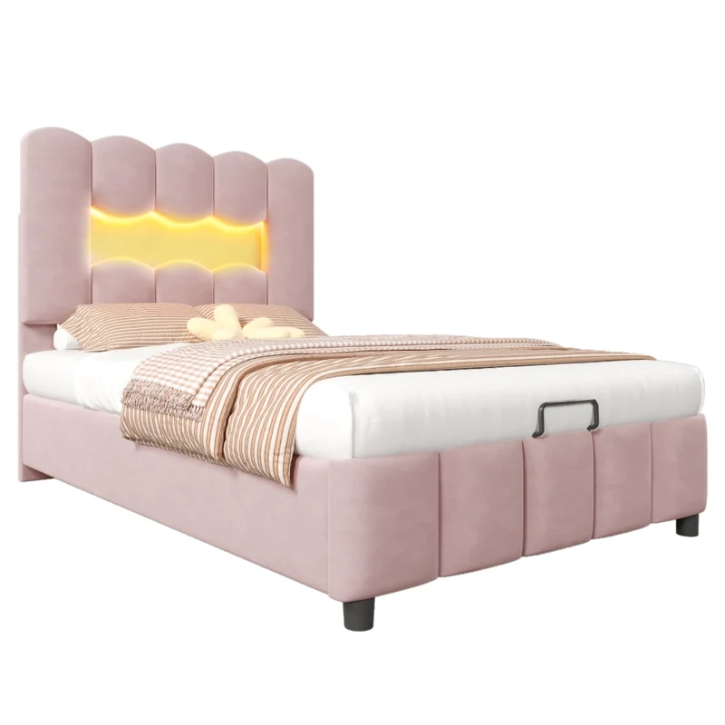 Letto imbottito 90x200 cm in velluto rosa con contenitore idraulico; luci LED e testiera regolabile