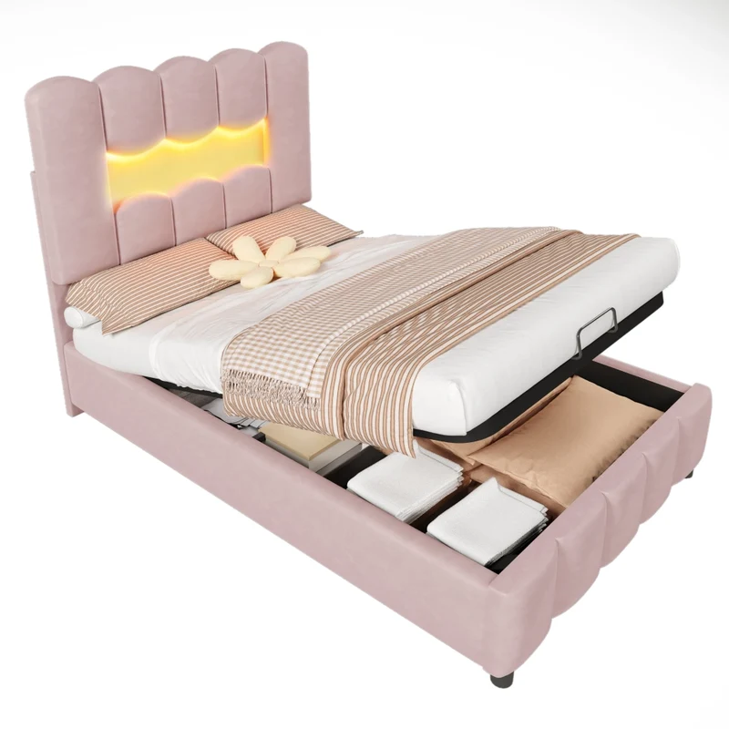 Letto imbottito 90x200 cm in velluto rosa con contenitore idraulico; luci LED e testiera regolabile