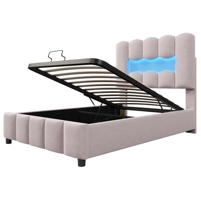 Letto imbottito 90x200 cm in velluto rosa con contenitore idraulico; luci LED e testiera regolabile