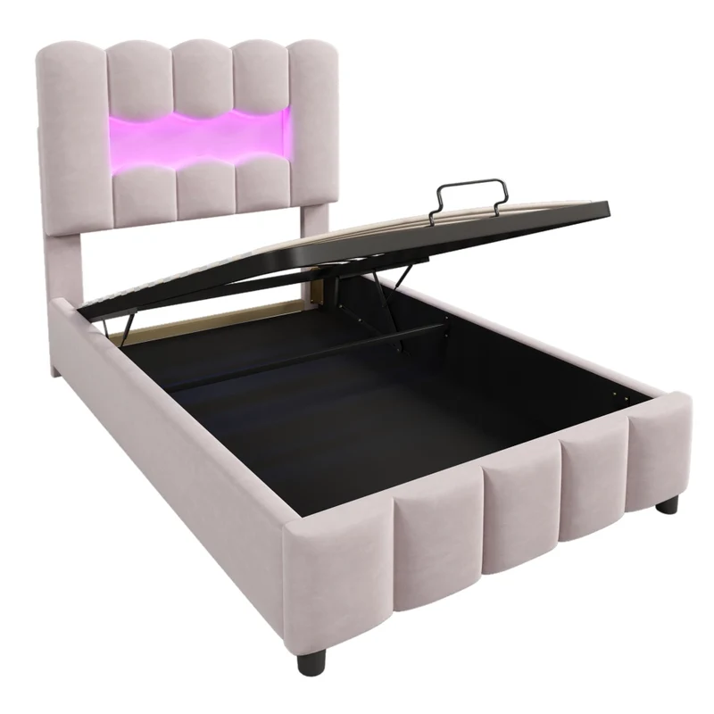 Letto imbottito 90x200 cm in velluto rosa con contenitore idraulico; luci LED e testiera regolabile