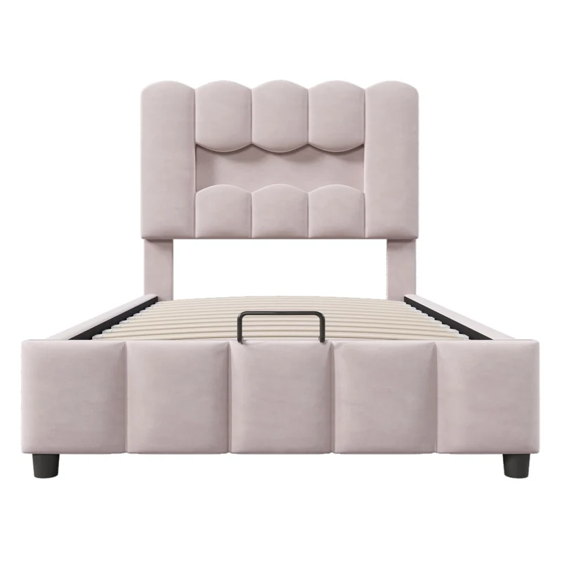 Letto imbottito 90x200 cm in velluto rosa con contenitore idraulico; luci LED e testiera regolabile