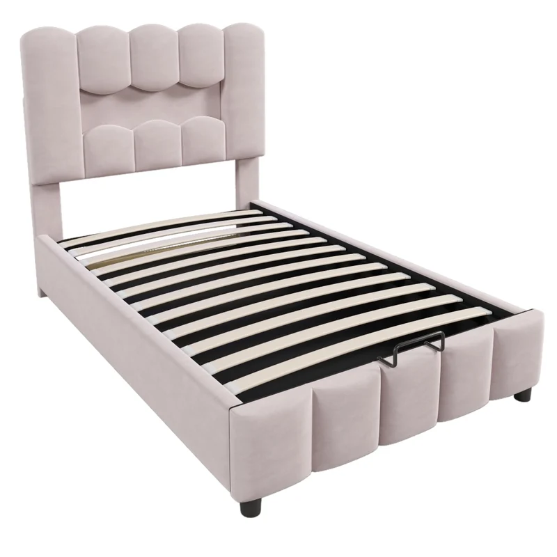 Letto imbottito 90x200 cm in velluto rosa con contenitore idraulico; luci LED e testiera regolabile