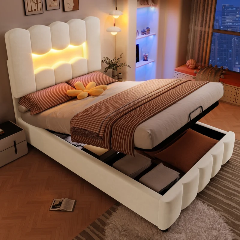 Letto singolo imbottito 90x200 in velluto beige con contenitore idraulico; LED multicolore e testiera regolabile