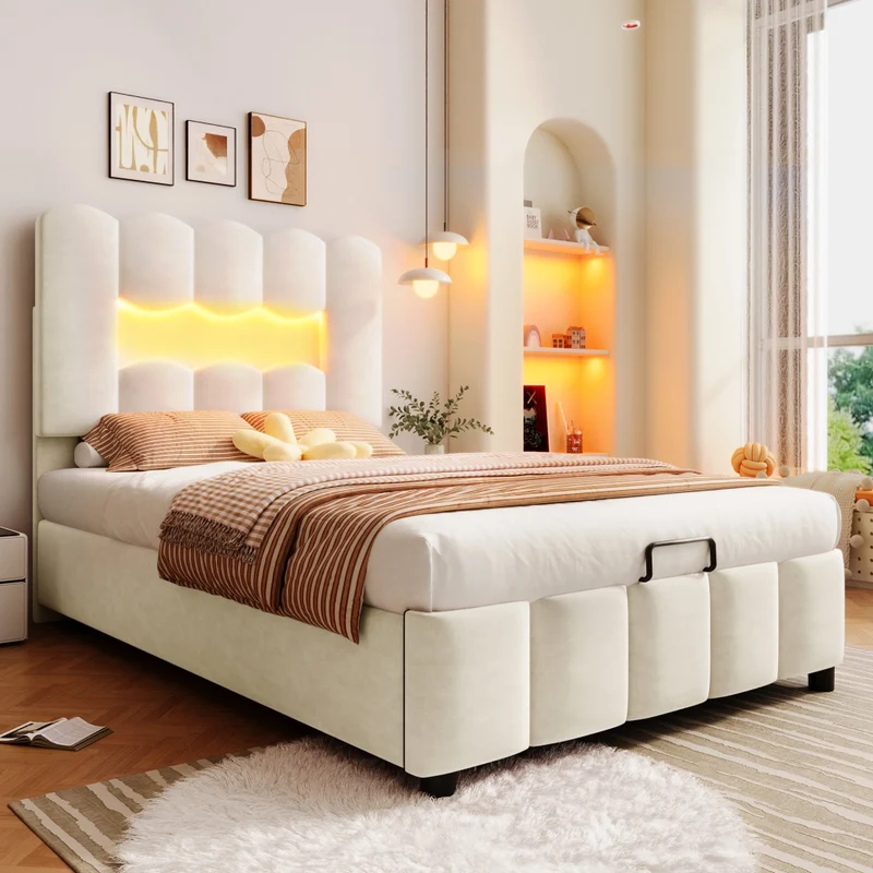 Letto singolo imbottito 90x200 in velluto beige con contenitore idraulico; LED multicolore e testiera regolabile