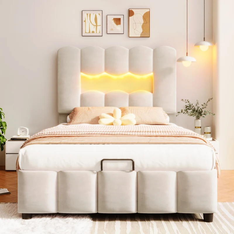 Letto singolo imbottito 90x200 in velluto beige con contenitore idraulico; LED multicolore e testiera regolabile