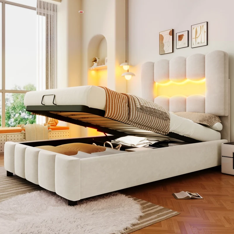 Letto singolo imbottito 90x200 in velluto beige con contenitore idraulico; LED multicolore e testiera regolabile