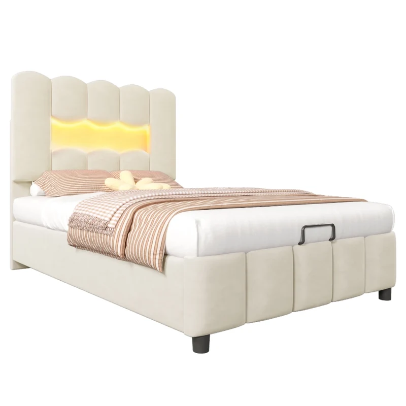 Letto singolo imbottito 90x200 in velluto beige con contenitore idraulico; LED multicolore e testiera regolabile