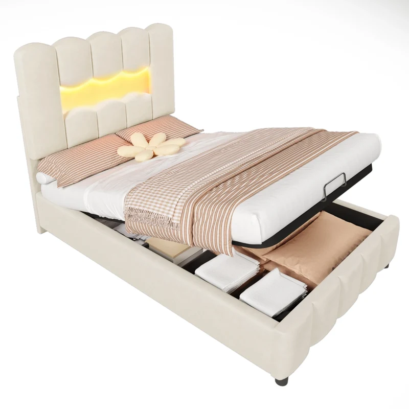 Letto singolo imbottito 90x200 in velluto beige con contenitore idraulico; LED multicolore e testiera regolabile