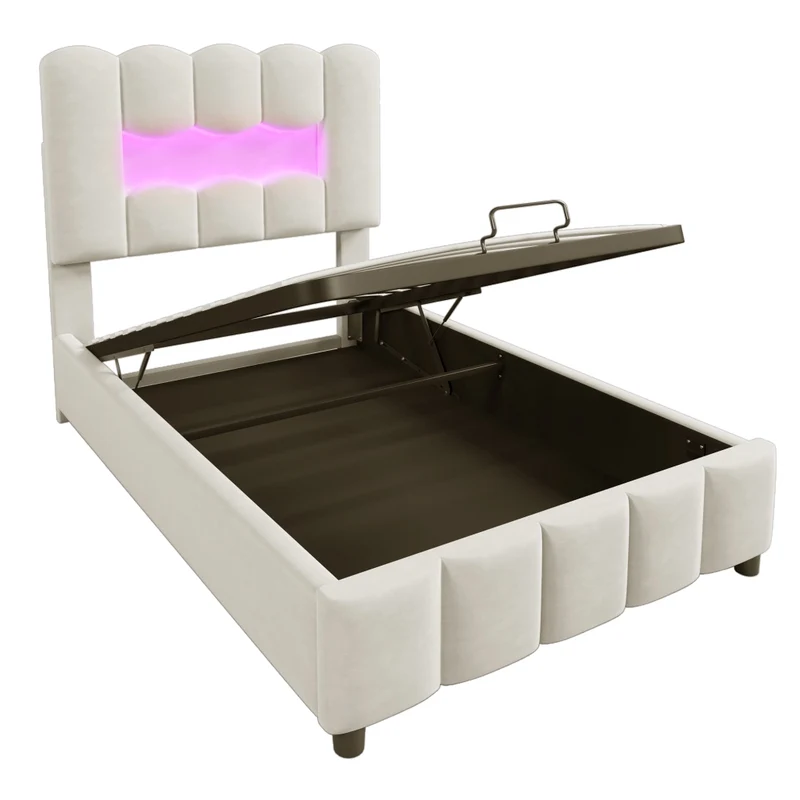 Letto singolo imbottito 90x200 in velluto beige con contenitore idraulico; LED multicolore e testiera regolabile