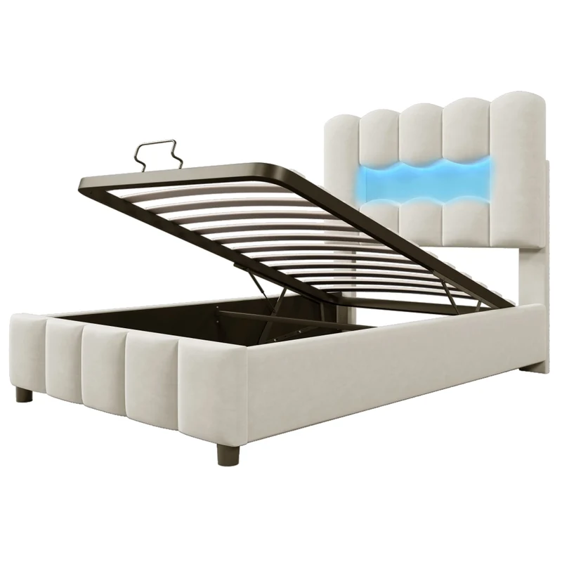 Letto singolo imbottito 90x200 in velluto beige con contenitore idraulico; LED multicolore e testiera regolabile