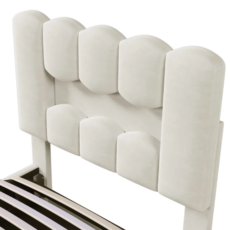 Letto singolo imbottito 90x200 in velluto beige con contenitore idraulico; LED multicolore e testiera regolabile
