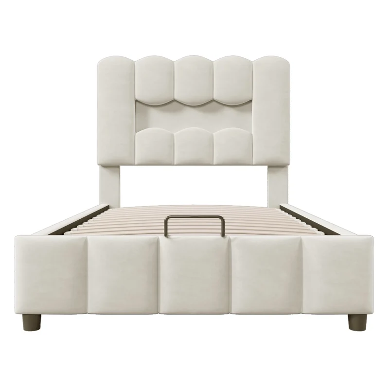 Letto singolo imbottito 90x200 in velluto beige con contenitore idraulico; LED multicolore e testiera regolabile