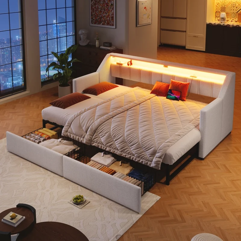 Letto singolo 90x200 beige con USB; LED multicolore e cassetti contenitori