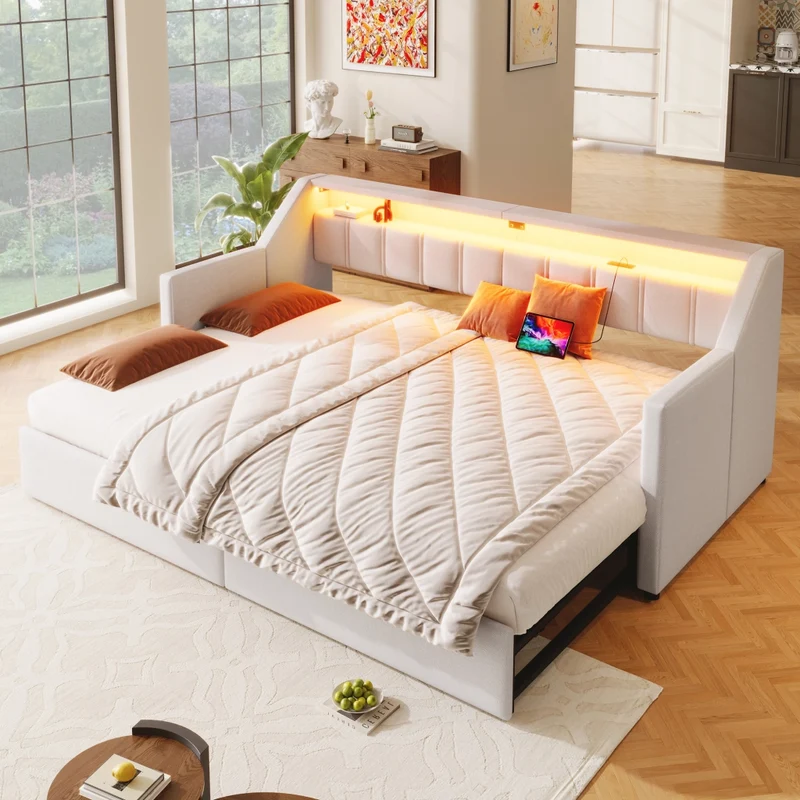 Letto singolo 90x200 beige con USB; LED multicolore e cassetti contenitori