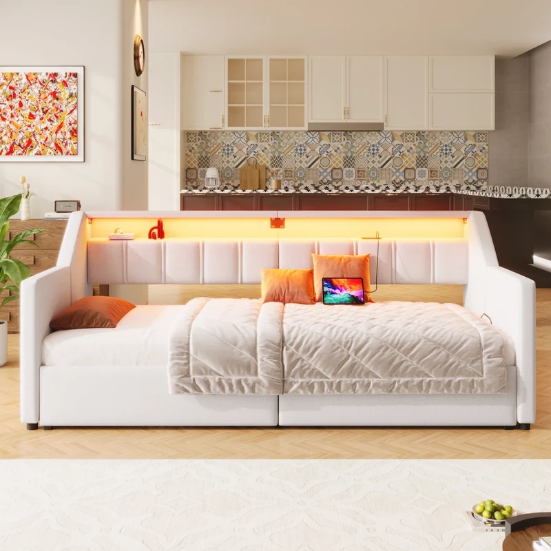 Letto singolo 90x200 beige con USB; LED multicolore e cassetti contenitori