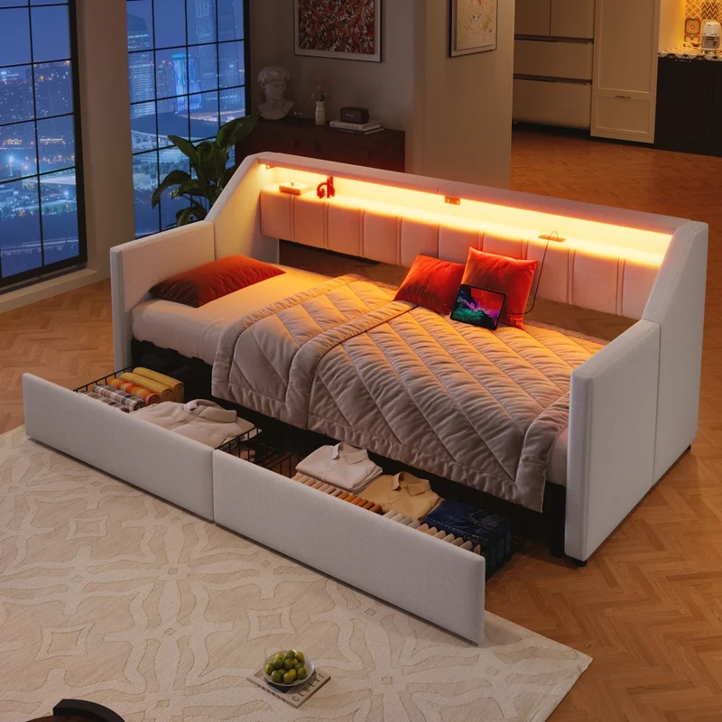Letto singolo 90x200 beige con USB; LED multicolore e cassetti contenitori