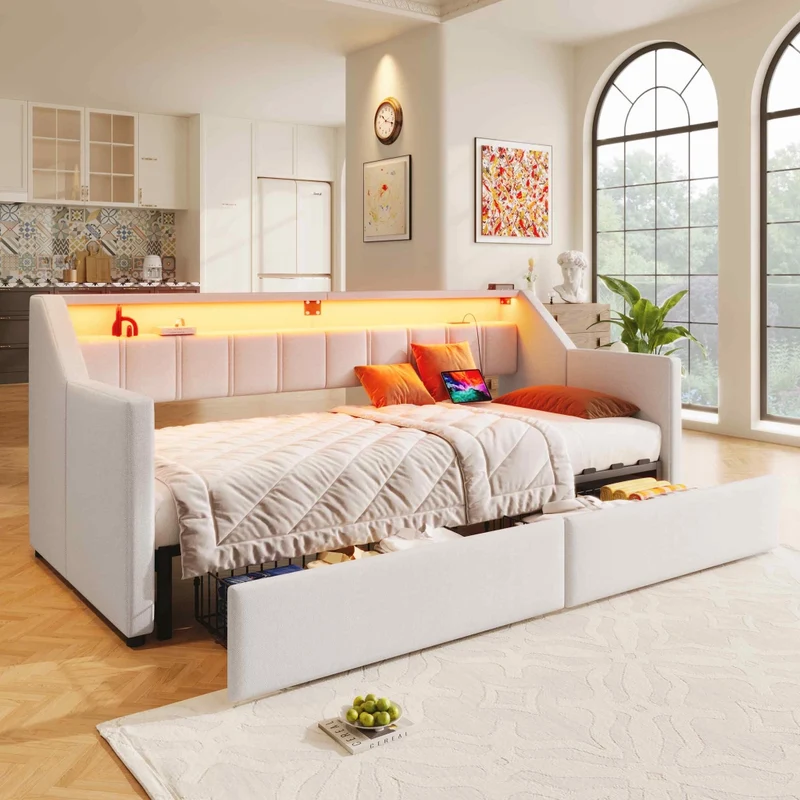 Letto singolo 90x200 beige con USB; LED multicolore e cassetti contenitori