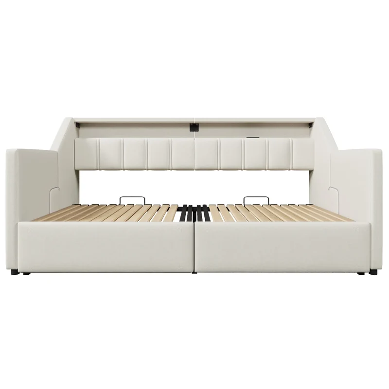 Letto singolo 90x200 beige con USB; LED multicolore e cassetti contenitori