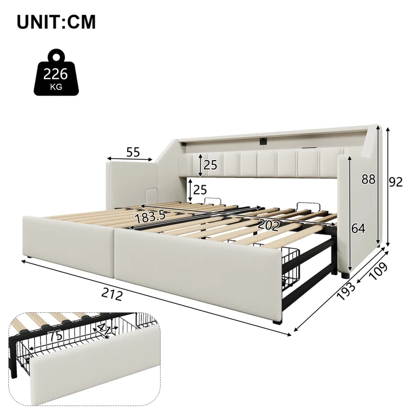 Letto singolo 90x200 beige con USB; LED multicolore e cassetti contenitori