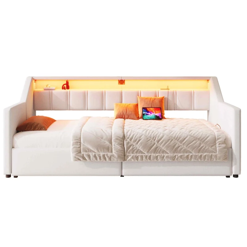 Letto singolo 90x200 beige con USB; LED multicolore e cassetti contenitori