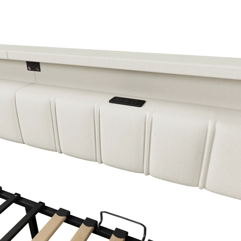 Letto singolo 90x200 beige con USB; LED multicolore e cassetti contenitori
