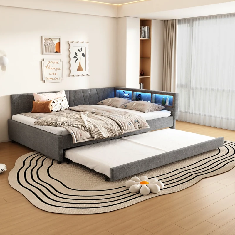 Letto estraibile 140x200 in lino e MDF grigio con rete a doghe; USB e luce LED