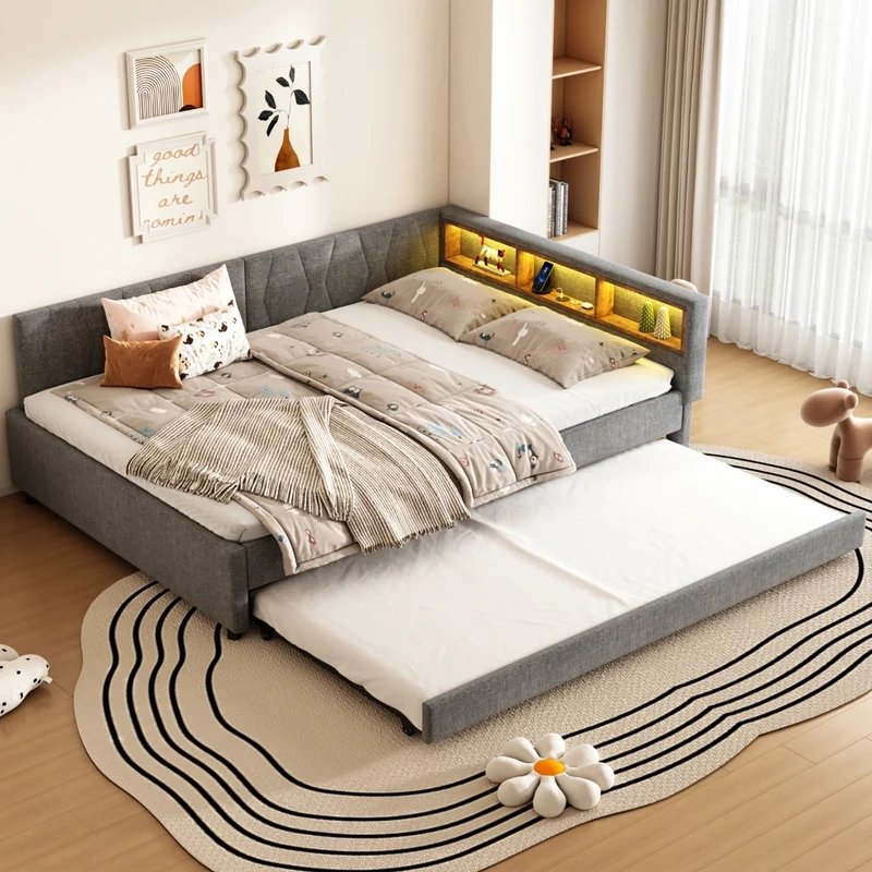 Letto estraibile 140x200 in lino e MDF grigio con rete a doghe; USB e luce LED