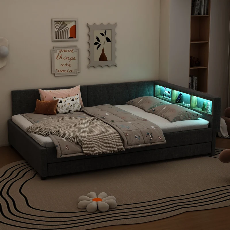 Letto estraibile 140x200 in lino e MDF grigio con rete a doghe; USB e luce LED