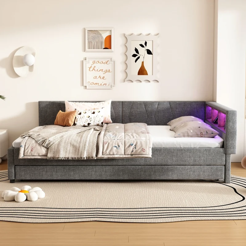 Letto estraibile 140x200 in lino e MDF grigio con rete a doghe; USB e luce LED