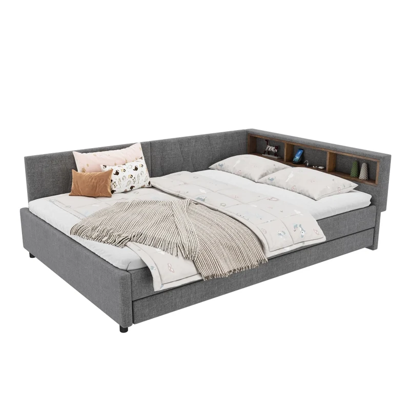 Letto estraibile 140x200 in lino e MDF grigio con rete a doghe; USB e luce LED