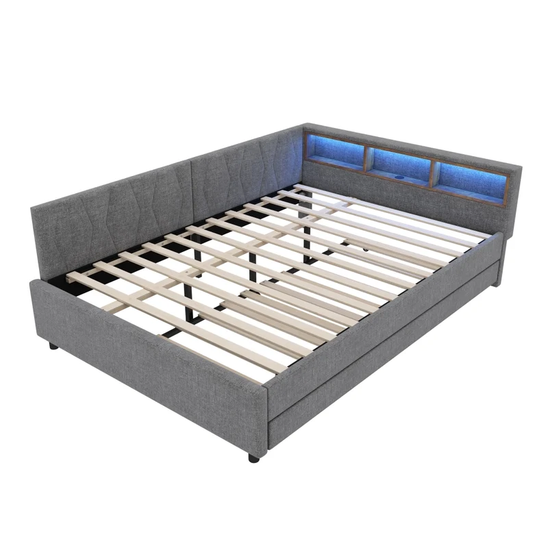 Letto estraibile 140x200 in lino e MDF grigio con rete a doghe; USB e luce LED