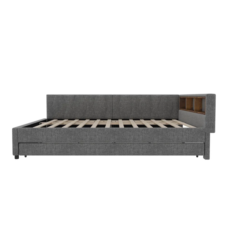 Letto estraibile 140x200 in lino e MDF grigio con rete a doghe; USB e luce LED