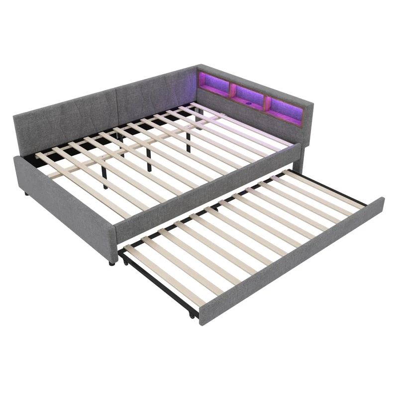 Letto estraibile 140x200 in lino e MDF grigio con rete a doghe; USB e luce LED