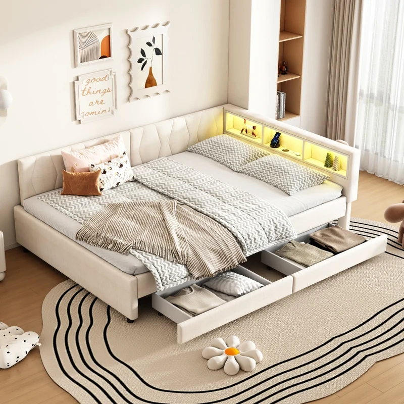 Letto 140x200 cm in lino e MDF con luce LED; cassetti e porte USB-C; beige
