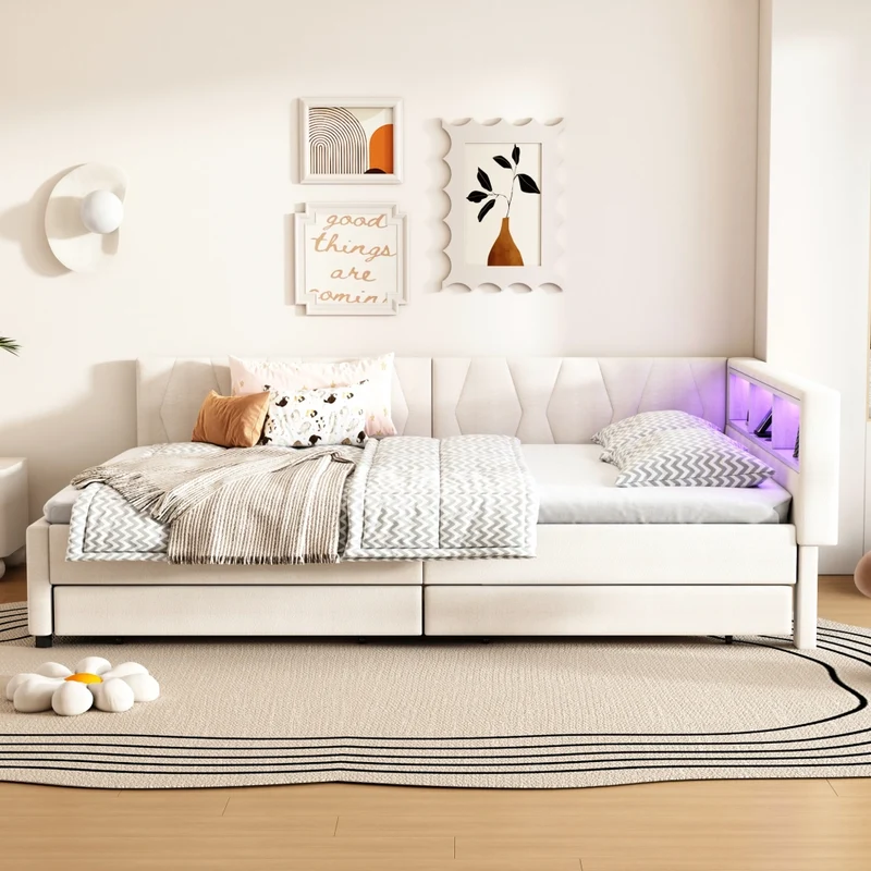 Letto 140x200 cm in lino e MDF con luce LED; cassetti e porte USB-C; beige