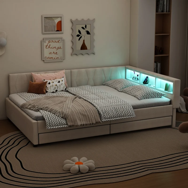 Letto 140x200 cm in lino e MDF con luce LED; cassetti e porte USB-C; beige