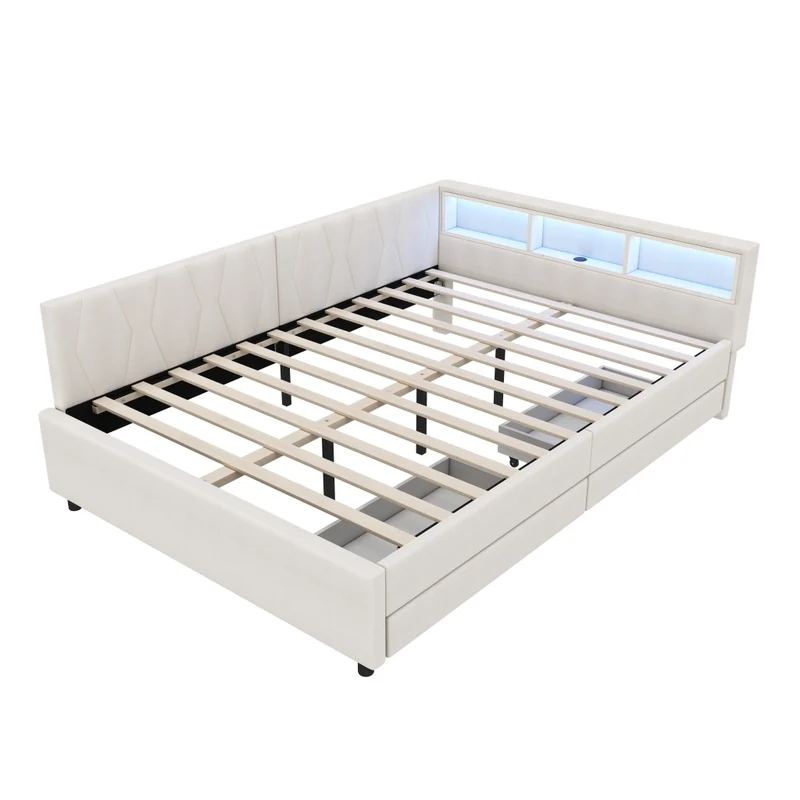 Letto 140x200 cm in lino e MDF con luce LED; cassetti e porte USB-C; beige